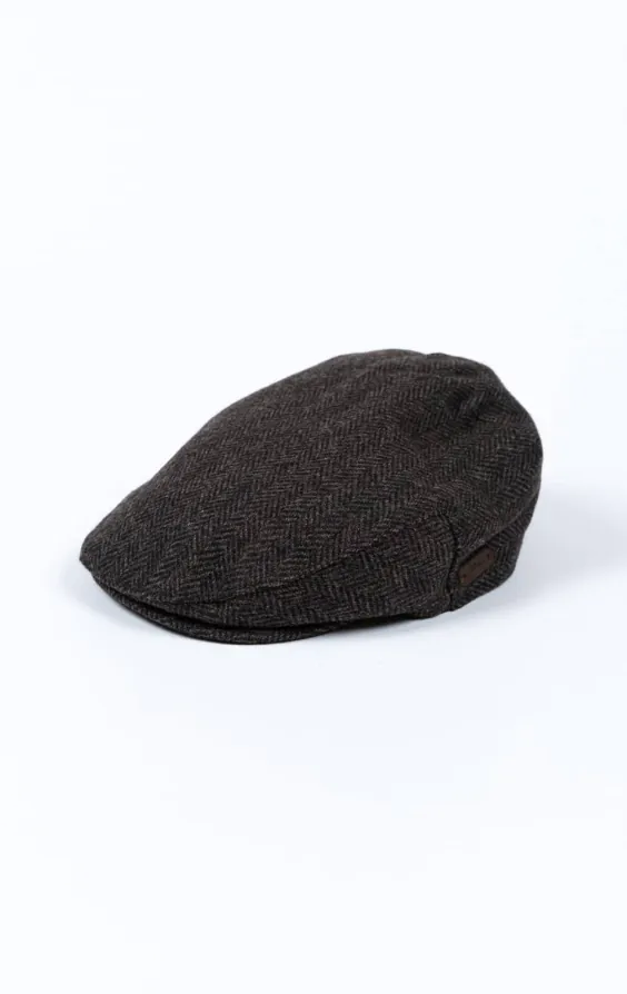 Flache Mütze aus grauem Fischgräten-Tweed