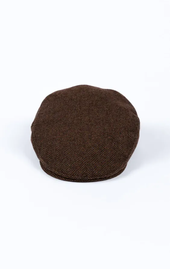 Flache Mütze aus braunem Fischgräten-Tweed - photo 1