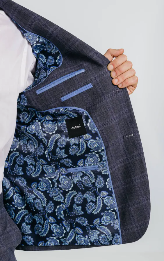 Grau-blau Karierter Anzug Jackett mit Marineblauem Besatz - photo 4