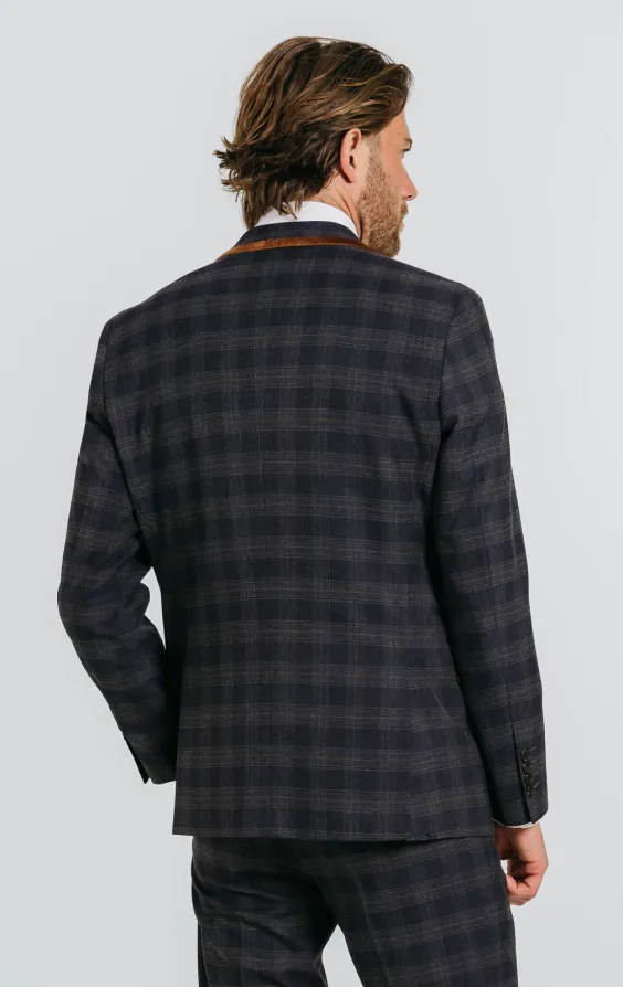 Marineblau Heritage Check Anzug Jackett mit braunem Besatz - photo 1