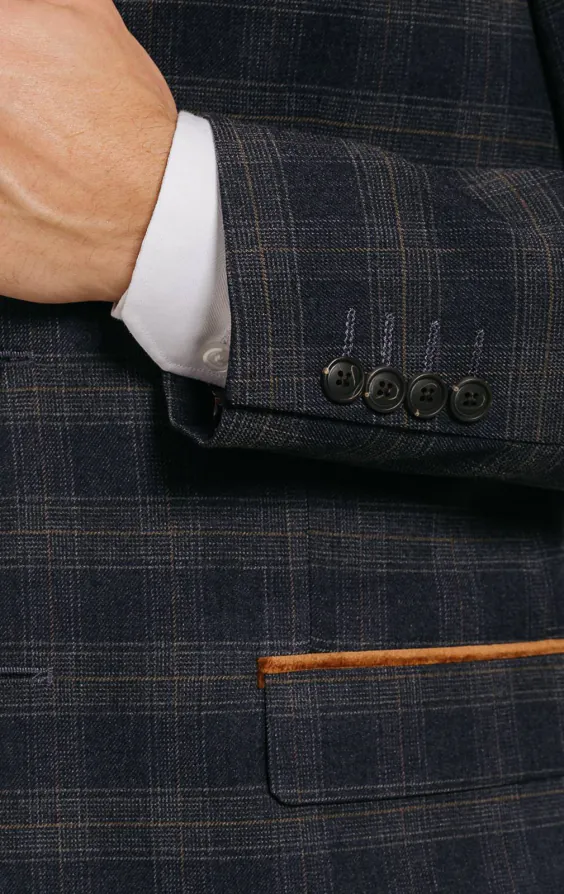 Marineblau Heritage Check Anzug Jackett mit braunem Besatz - photo 2