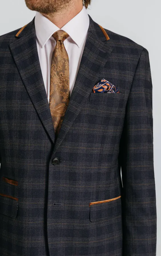 Marineblau Heritage Check Anzug Jackett mit braunem Besatz - photo 3
