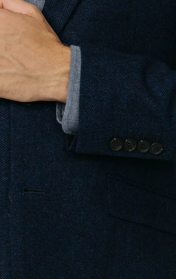 Marineblau Tweed Jackett mit Fischgrätmuster - photo 2 Marineblau Tweed Jackett mit Fischgrätmuster - photo 2