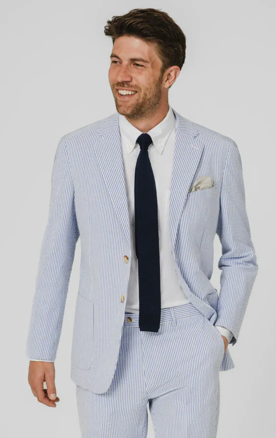 Blau-weißer Seersucker-Anzugjacke Blau-weißer Seersucker-Anzugjacke