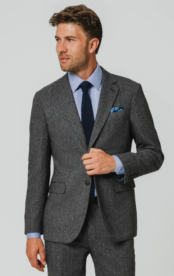 Grau Fischgrätenmuster Tweed Anzug Jackett