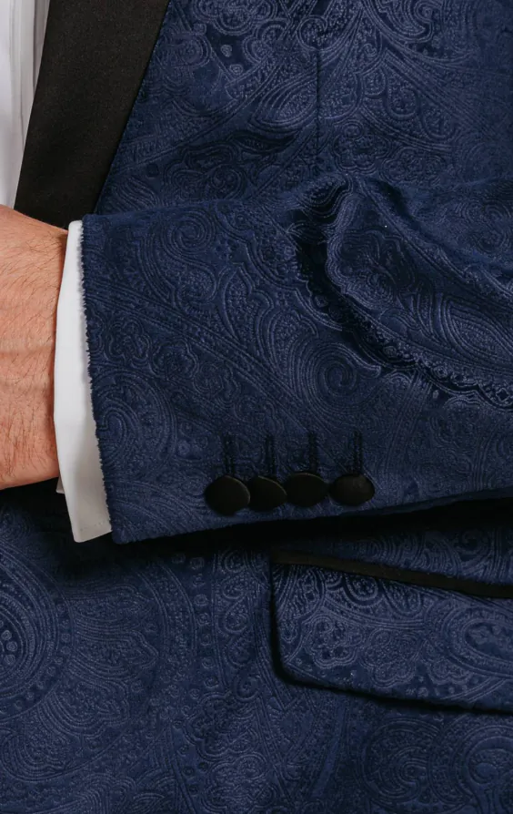 Marineblauer Paisley Samt Smoking mit Schwarzer Hose - photo 3