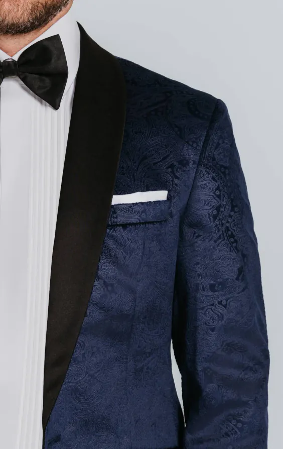 Marineblauer Paisley Samt Smoking mit Schwarzer Hose - photo 4
