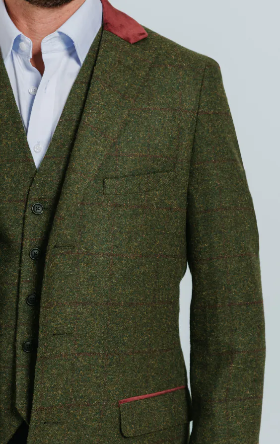 Grün Karierter Tweed Mantel mit Samt Details - photo 3