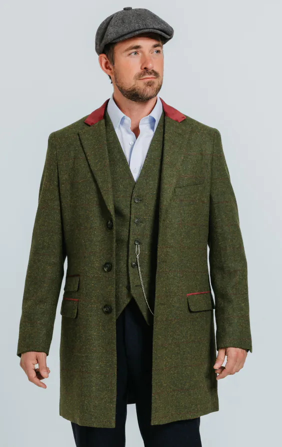 Grün Karierter Tweed Mantel mit Samt Details