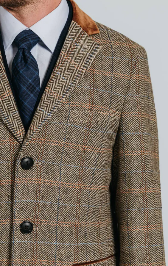 Braun und Blau karierter aus Tweed-Wollgemisch Mantel mit Samtfassungen - photo 5 Braun und Blau karierter aus Tweed-Wollgemisch Mantel mit Samtfassungen - photo 5