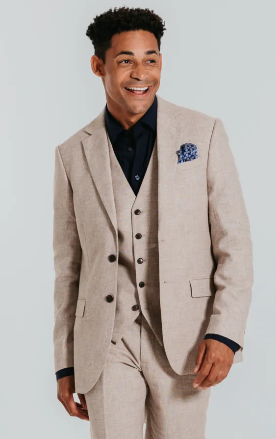 Leinen Anzug, Sandfarben, Slim-Fit, 3-Teilig Leinen Anzug, Sandfarben, Slim-Fit, 3-Teilig