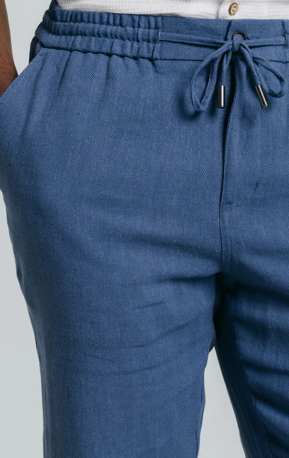 Blaue Leinenhose mit Fischgrätenmuster - photo 2
