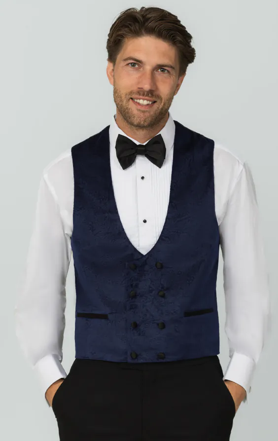 Samt Zweireihig Smoking Weste, Marineblau mit Paisleymuster Samt Zweireihig Smoking Weste, Marineblau mit Paisleymuster