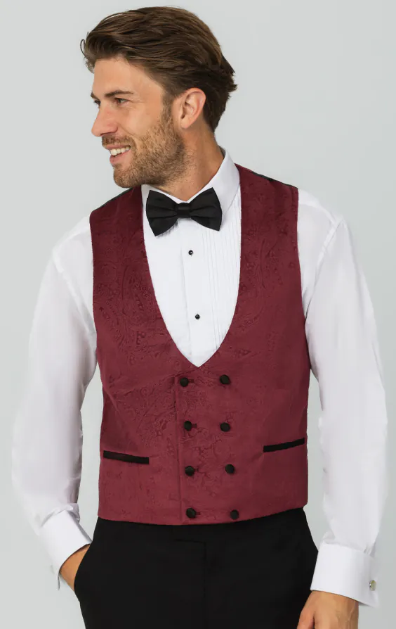 Samt Zweireihig Smoking Weste, Bordeaux mit Paisleymuster Samt Zweireihig Smoking Weste, Bordeaux mit Paisleymuster