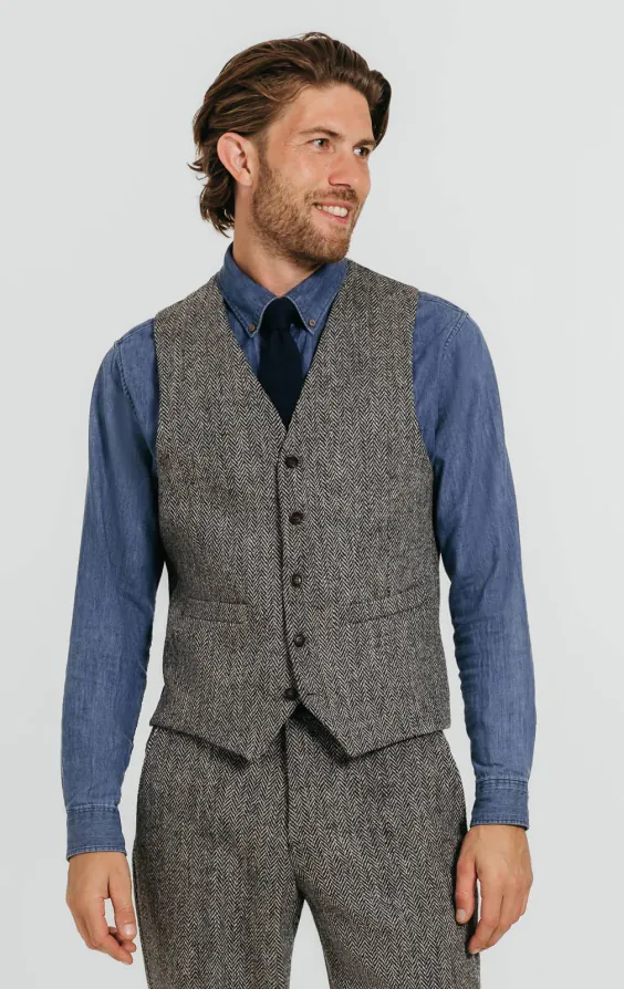 Harris Tweed Weste, Schwarz-Grau, Fischgrätenmuster