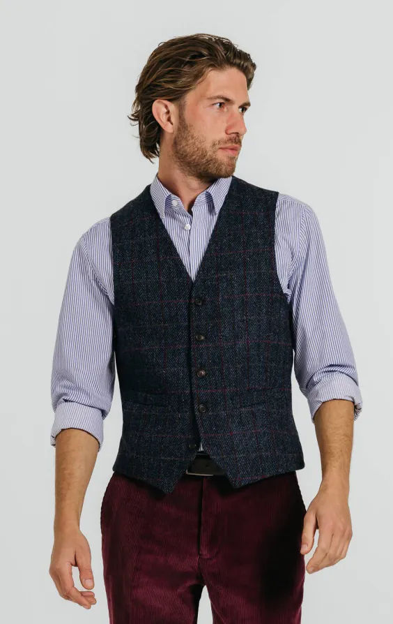 Harris Tweed Weste, Dunkelblau, Karomuster