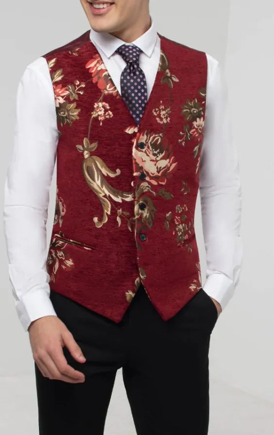 Weste, Rot, Florales Brokat Weste, Rot, Florales Brokat