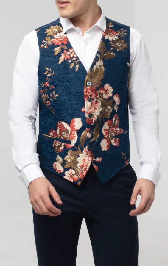 Weste, Blau, Florales Brokat Weste, Blau, Florales Brokat