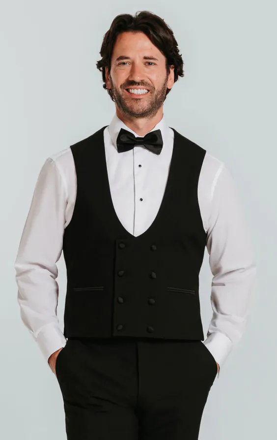 Smokingweste, Schwarz, Zweireihig, Slim-Fit