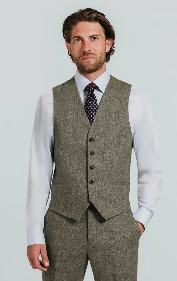 Salbeigrün Fischgrätenmuster Tweed Anzug Weste