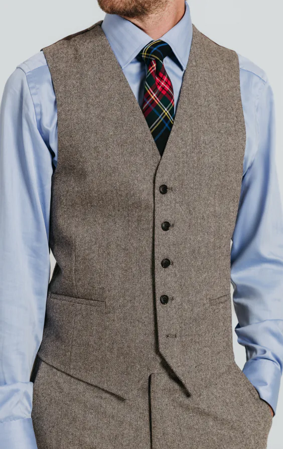 Braun Fischgrätenmuster Tweed Anzug Weste - photo 1 Braun Fischgrätenmuster Tweed Anzug Weste - photo 1