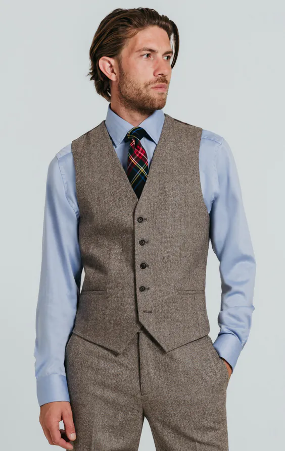 Braun Fischgrätenmuster Tweed Anzug Weste Braun Fischgrätenmuster Tweed Anzug Weste