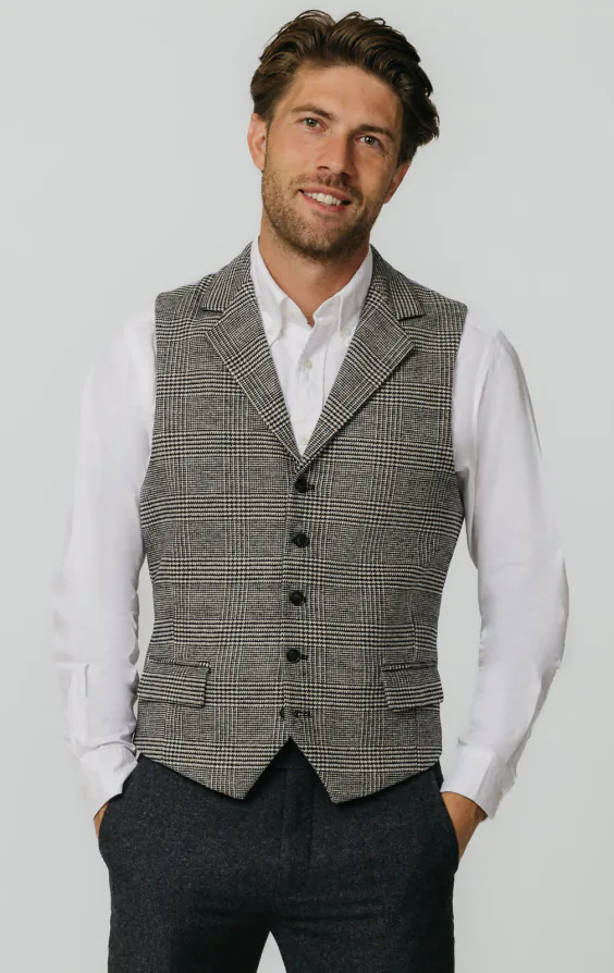 Schwarz und cremefarben Prince of Wales Tweed Karo Weste Schwarz und cremefarben Prince of Wales Tweed Karo Weste