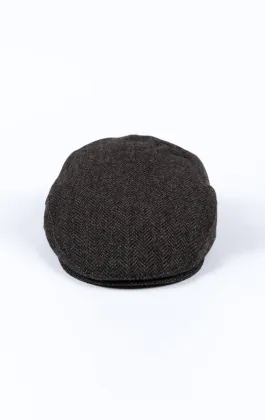 Flache Mütze aus grauem Fischgräten-Tweed