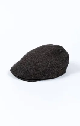 Flache Mütze aus grauem Fischgräten-Tweed