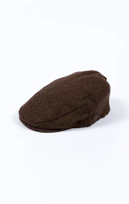 Flache Mütze aus braunem Fischgräten-Tweed