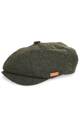 Olivgrün Fischgrätenmuster Baker Boy Tweed Mütze