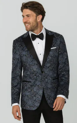 Blaue Smoking Jackett mit Paisley-Samtdruck und Steigendem Revers