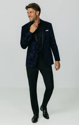 Marineblaue Jacquard-Samt-Smokingjacke mit Blumenmuster