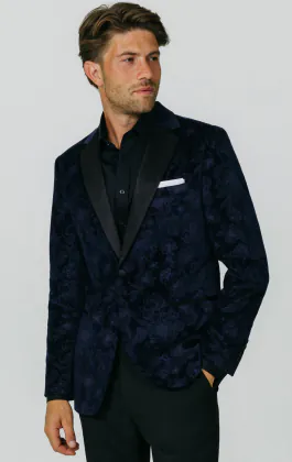 Marineblaue Jacquard-Samt-Smokingjacke mit Blumenmuster