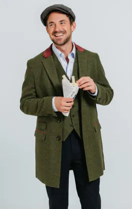 Grün Karierter Tweed Mantel mit Samt Details