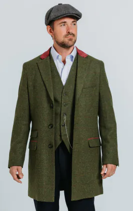 Grün Karierter Tweed Mantel mit Samt Details