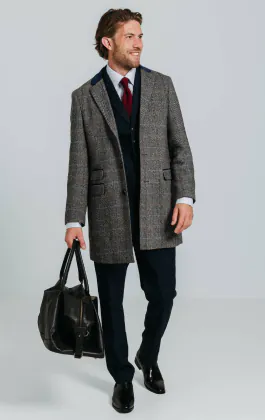 Grau und Blau karierter aus Tweed-Wollgemisch Mantel mit Samtfassungen