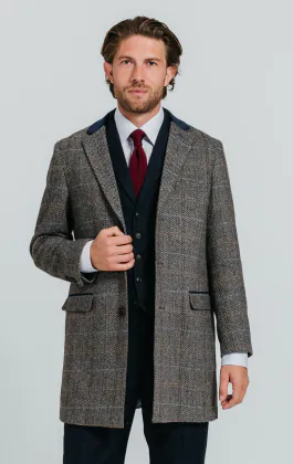 Grau und Blau karierter aus Tweed-Wollgemisch Mantel mit Samtfassungen