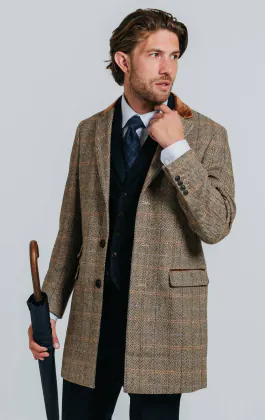 Braun und Blau karierter aus Tweed-Wollgemisch Mantel mit Samtfassungen