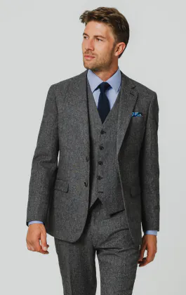 Grau Fischgrätenmuster Tweed 3-Teilig Anzug