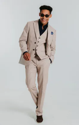 Leinen Anzug, Sandfarben, Slim-Fit, 3-Teilig