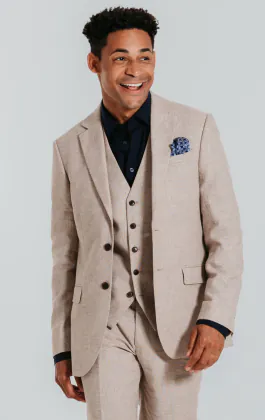 Leinen Anzug, Sandfarben, Slim-Fit, 3-Teilig