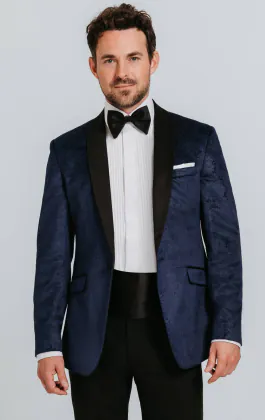 Marineblauer Paisley Samt Smoking mit Schwarzer Hose