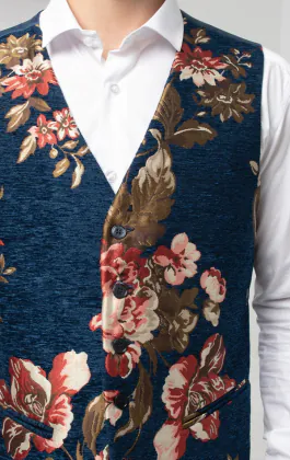 Weste, Blau, Florales Brokat