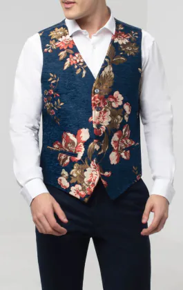 Weste, Blau, Florales Brokat