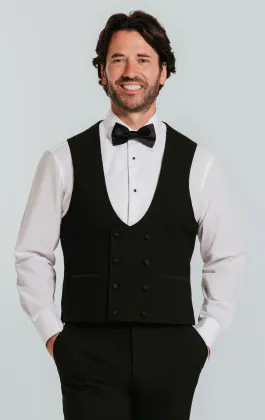Smokingweste, Schwarz, Zweireihig, Slim-Fit