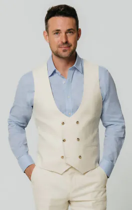 Elfenbeinfarbene Slim Fit Weste aus Leinen