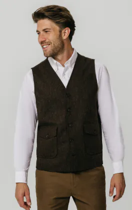 Braune Barleycorn Tweed Weste mit aufgesetzten Taschen